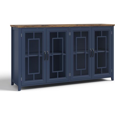 Aparador de cocina 160 cm con 4 puertas de cristal, encimera efecto madera y MDF azul (1/5)