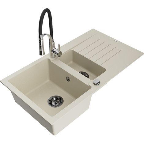 Mexen Matias lavello in granito 1,5 vasche con scolapiatti e rubinetto cucina Aster, beige - 6502-69-73450-07-B (1/5)