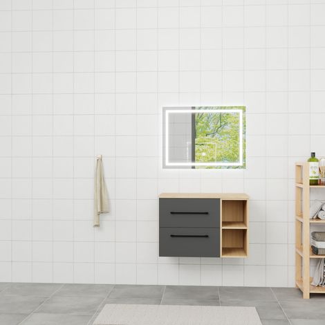 OCEAN Mobile da bagno sospeso con doppio cassetto 79cm + ripiano aperto, finitura rovere + nero, lavabo non incluso (1/5)