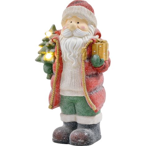 Figurine Père Noël décorative avec sapin et cadeau, 3 LED blanc chaud, fonctionne sur piles, hauteur 50 cm (1/5)