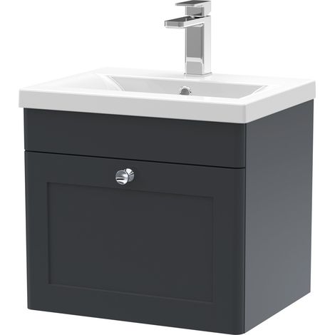 Nuie Classique Satin Soft Black 500mm Wall Hung Single Drawer Vanity Unit and 40mm Profile Basin - CLC1491D (1/5)