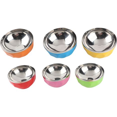 6-teiliges Set farbiger Edelstahlschüsseln, wärmeisolierend, für Salate und Nudeln, für die heimische Küche (13 cm S) (1/5)