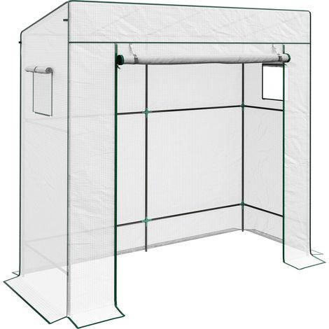 Serre adossée en polyéthylène imperméable 140g/m² – Châssis acier thermolaqué – Porte enroulable et 2 fenêtres grillagées – Dimensions 196L x 77l x 197/178H cm – MH (1/4)
