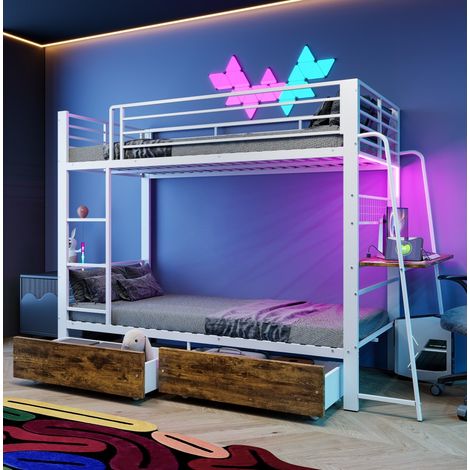 Lit Superposé 90x200 cm - Lit surélevé enfant en métal et MDF avec bureau, LED, prises et tiroirs - Blanc et Noyer (1/5)