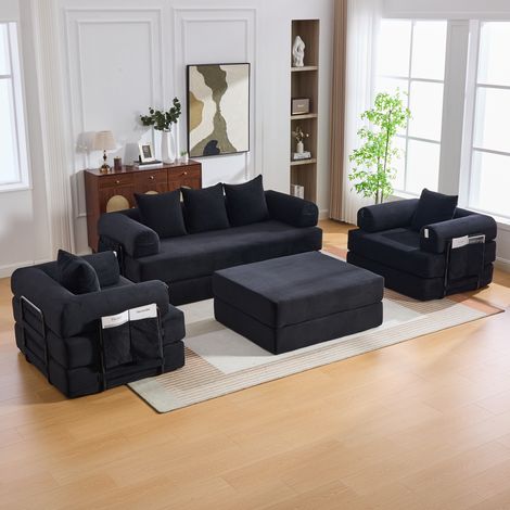 Canapé modulable velours côtelé noir avec pouf OKMYHOME (1/5)