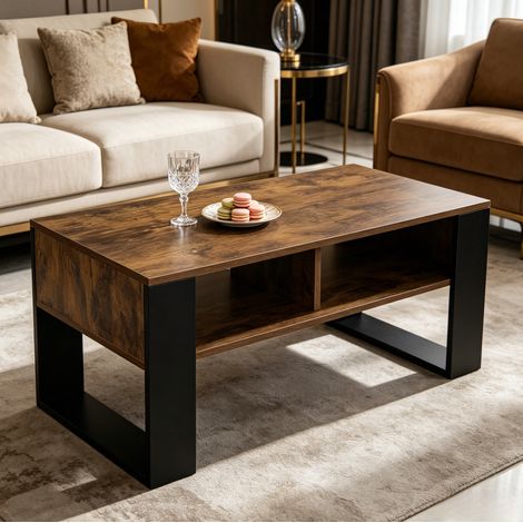 Tavolino da caffè in legno nero e marrone rustico 90 cm con 2 vani aperti (1/5)