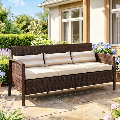 Sofa 3 Places d'Extérieur en Rattan PE avec Coussins Rembourrés et Déhoussables, 173x68x78 cm, Marron (1/5)