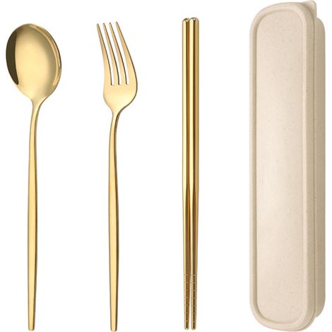 Couteau Fourchette Cuillère - Set De Couverts Portatif 3 Pièces Avec Étui De Voyage - Pour Pique-Nique Camping Voyage Restaurant (1/5)