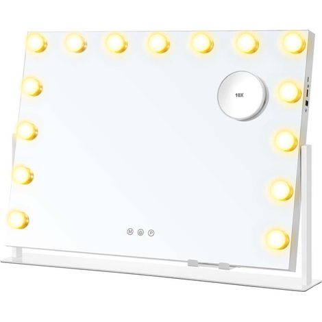 Specchio da toeletta con controllo touch 15 lampadine LED porte di ricarica specchio ingranditore 10x staccabile 3 temperature di colore supporto per telefono 58 x 43 cm bianco opaco 120006596