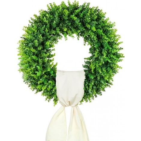 1 Couronne en buis artificiel 20 pouces, feuillage vert réaliste avec ruban et pancarte Hello, décoration intérieur extérieur (1/5)