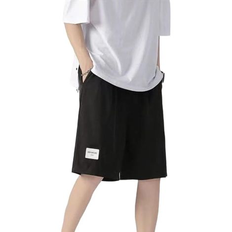 Men's Plus Size Casual Loose Fit Shorts, Versatile, Simple, Solid Color, Slim Fit, Black, Knee Length, Summer Clothing, Sizes M to 5XL (1/5)