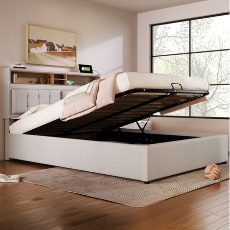 Lit coffre 160x200 cm en tissu beige avec tête de lit réglable et prises USB-C (1/5)