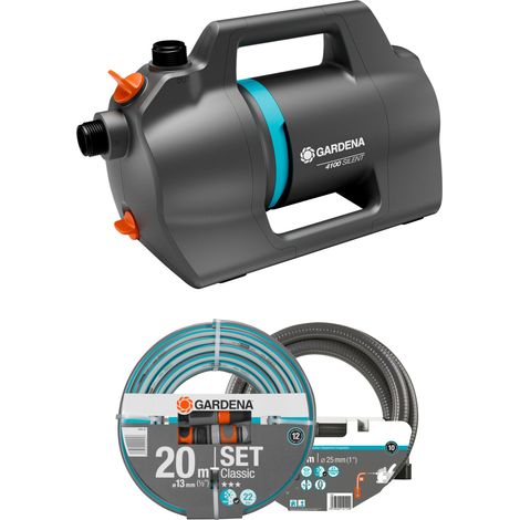 GARDENA Bomba de superficie para jardín silenciosa Silent 4100 l/h, bombea agua a 36m (3,6 bar) con manguera de 20 m con accesorios y manguera de succión de 3,5 m de 25 mm, 550W (09051-20) (1/5)