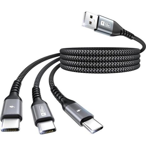 TRAHOO-Câble USB vers USB C 1.2m, QC 3.0 Cable Chargeur Multi USB C Embout Nylon 3 en 1 Câble Multi USB avec 3 ports Type C p[J407] (1/5)