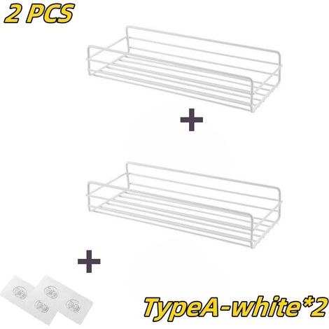 (A-Blanc, lot de 2) Étagère de salle de bain, accessoires de salle de bain, étagère de rangement pour shampoing, porte-cosmétiques, étagère métallique sans perçage, organisateur de condiments, étagère (1/5)