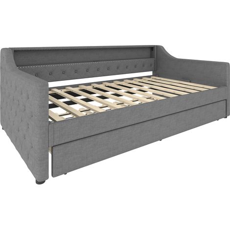 Lit banquette 90 x 200 cm avec lit gigogne, sommier à lattes, LED, prise USB, lin gris, MODENUIT (1/5)