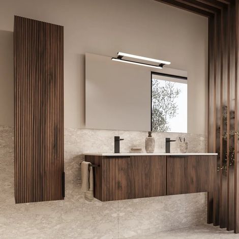 Meuble de salle de bain suspendu cannelé 120 cm en chêne foncé avec lavabo double vasque en céramique et colonne Fuji (1/3)