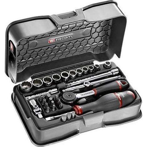 Facom – Coffret cliquet et douilles 1/4'' carré – Jeu de 31 pièces – Douilles de 5.5 à 14 mm – Pour travaux mécaniques intensifs (1/3)