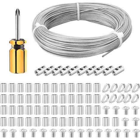 Câble inox, 50m Câble acier inoxydable avec boucle de sertissage en aluminium, fil de suspension revêtu de vinyle 304, noyau de brin 7x7 pour accrocher des images, corde à linge, pêche (1/5)