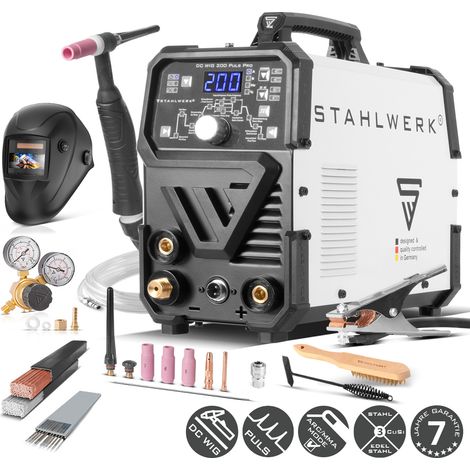 STAHLWERK Poste à souder combiné 2-en-1 DC TIG 200 Puls Pro – Kit complet – TIG & MMA (ARC) jusqu'à 200 A, fonction Pulse, mémoire de jobs, adapté aux tôles fines, pour acier, inox, cuivre & laiton