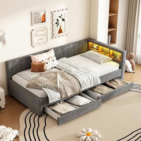 Canapé-lit 1 place 90x200 cm gris en lin, LED télécommandées, USB‑Type C, 2 tiroirs, sans matelas