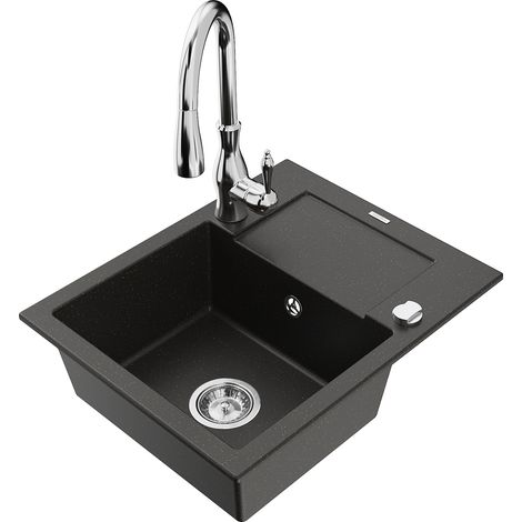 Mexen Enzo lavello in granito 1-vasca con scolapiatti e rubinetto da cucina Savita, nero/oro metallico - 6506-75-672601-00 (1/5)