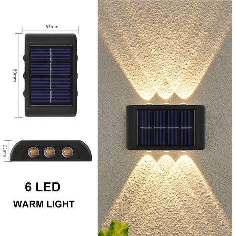 Appliques murales solaires double tête haute luminosité (6 LED, lumière chaude), éclairage ascendant et descendant, pour jardin, porte ou enseigne, étanches, pour extérieur. (1/5)