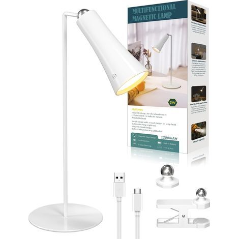 Lampe de Bureau LED 4-en-1 Magnétique, Sans Fil Rechargeable par USB, 3 Modes de Couleur & Dimmable, 360° Ajustable pour Lecture, Bureau, Chevet, Clip/Montage Murale, Torche (Blanc) (1/5)