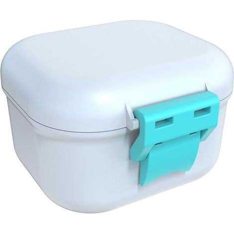Denture Bath Cup, Portable Soaking Denture Box, Denture Bath Case with Strainer, for Dentures and Braces (White + Cyan). (1/4)