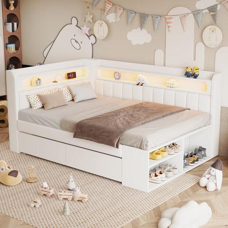 Canapé convertible 90x200 blanc avec ports USB, éclairage LED intégré, double prise électrique et chargeur, meuble 2-en-1 pour petit espace. (1/5)