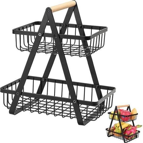 Corbeilles à Fruits, Panier a Fruits a Etages en Métal Décoration, Corbeille à Fruits en Métal à 2 Etages, Amovible Porte-Fruits Paniers, pour Stocker des Fruits et Légumes (Noir) (1/4)
