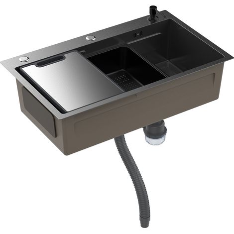 FIANAO - Évier de cuisine - cuve unique - acier inoxydable épais, livré avec accessoires essentiels tels qu'une planche à découper et une passoire, 75×45×20 cm, noir (1/5)