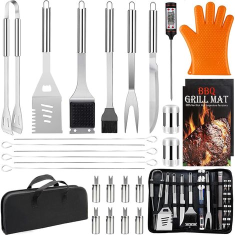 28Pcs Ustensiles Barbecue, Kit Barbecue en Acier Inoxydable - Cadeau de Homme Set d'Outils BBQ Accessoires Barbecue avec Mallette Portable - pour Jardin, Camping, Extérieur (1/5)