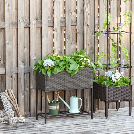 Aiuola rialzata, fioriera, ripiano profondo, struttura in metallo/polyrattan, 70 x 30 x 70 cm, marrone scuro
