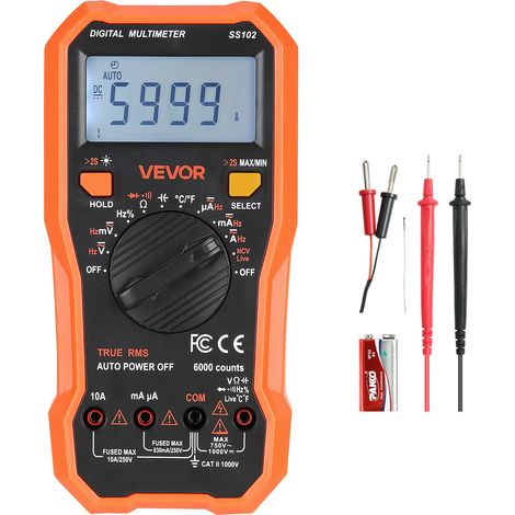 VEVOR Multimetro Digitale, Voltmetro DC/AC TRMS da 6000 Conteggi, Multimetro NCV Professionale per Corrente, Tensione, Resistenza, Capacita, Duty-Cycle, Temperatura, Diodi, Continuita