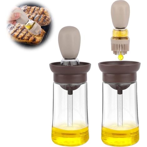Flacon distributeur d'huile d'olive en verre avec brosse en silicone 2 en 1 pour la cuisine, le barbecue, les crêpes - Marron(1 pc) (1/5)