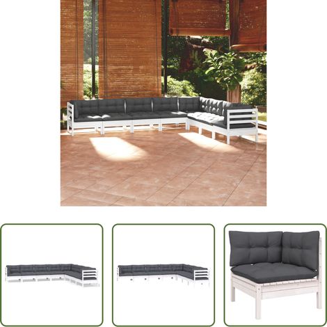 Terrassensofa - 8-tlg. Garten-Lounge-Set mit Kissen Weiß Kiefer Massivholz (1/5)