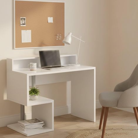 Bureau linéaire avec étagères de rangement, Bureau polyvalent avec plateau, 100x50h93 cm, Blanc (1/5)