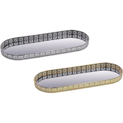 1 Pezzo Vassoio in Metallo e Vetro Ovale Oro o Argento 38 x 15 cm 2 Colori (1/2)