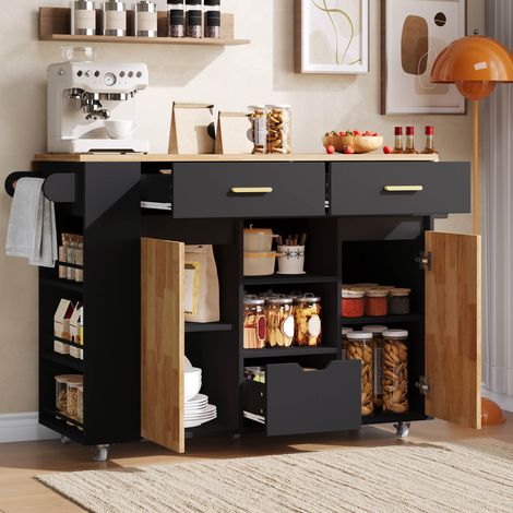 Isla de cocina móvil con tablero abatible, 3 cajones y ruedas con freno 120 x 71 x 90 cm (1/5)
