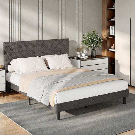 Lit adulte double 140 x 200 lin gris–Cadre double 2 places–Tête de lit à motif en losanges–Structure robuste en acier–Sommier à lattes–Style scandinave (1/5)