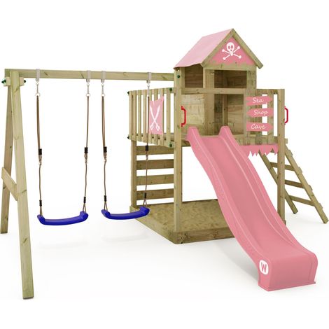 Wickey Spielturm Klettergerüst Smart Cave mit Schaukel & Rutsche, Baumhaus mit Sandkasten, Kletterleiter & Spiel-Zubehör - Pastellpink