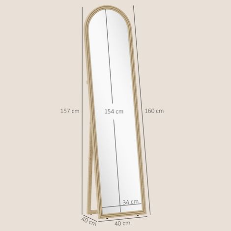 Miroir sur pied et mural pleine longueur avec chevalet, effet pierre et forme arquée, 40 x 160 cm, beige (1/5)