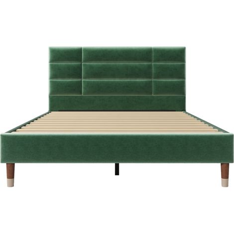 Ensemble lit capitonné 140x200 cm, velours vert foncé – Matelas + sommier à lattes inclus, tête de lit rembourrée (1/5)