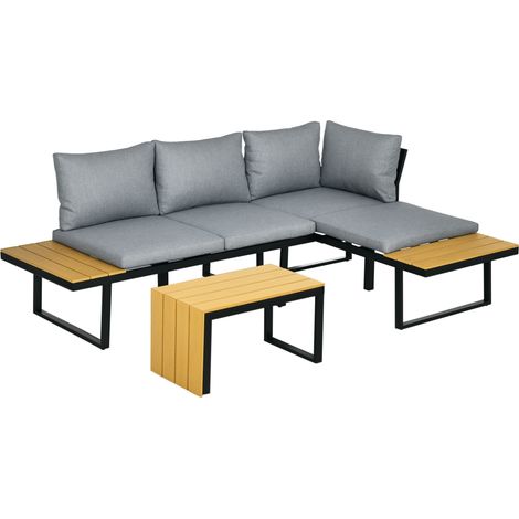 Outsunny 3-tlg. Gartenmöbel-Set, Balkonmöbel mit Sitzkissen, Gartenlounge-Set mit Ecksofa, Doppelsofa, Couchtisch, für Terrasse, Balkon, Alu, Dunkelgrau+Natur