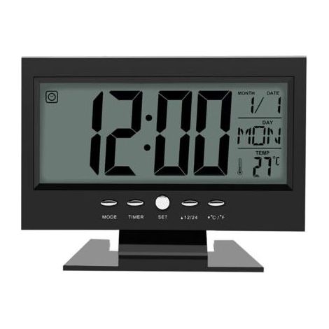Tischwecker mit digitalem LCD-Display, Schallsensor, Kalender- und Temperaturanzeige, schwarz (1/5)