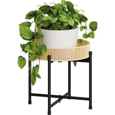 Étagère ronde pour plantes en rotin tressé à la main, table basse pour petits espaces, support de fleurs élégant pour terrasse, balcon (1/5)