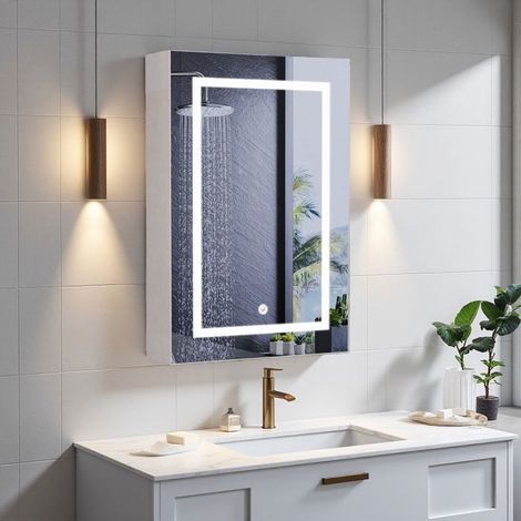Badezimmer-Schrank - 50x70 cm - LED-Spiegel 3 Farben - 1 Tür 3 verstellbare Regale - Weiß MDF