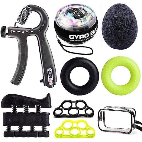 Musculation Main Kit de 8, Entraînement Avant Bras, Pince Poignée 10-60 kg Ajustable Comptage Hand Gripper, Exerciseur Doigts, Gyroscopique, Anneau d'exercice et Balle Anti Stress - (1/5)