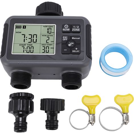 Minuterie d'irrigation automatique avec écran LCD, robinet de 3/4 à 1/2 pouces, arrosage à 2 zones pour jardin extérieur et cour (1/5)
